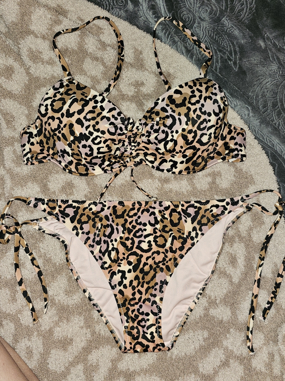 Leopard Print Tie-Side Bikini Set - Pink & Tan 34B And Medium Bottom